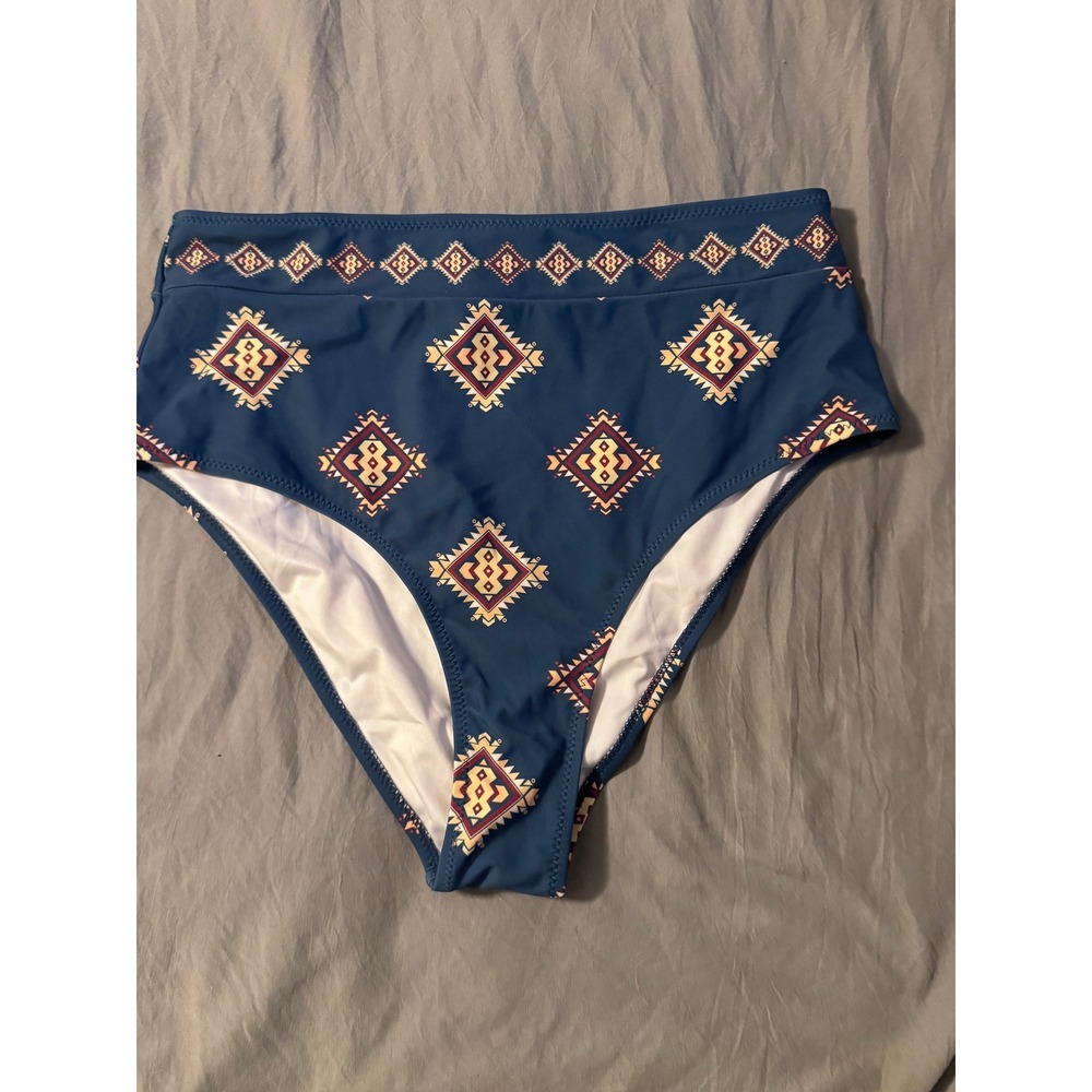 Cupshe Womens Teal Blue Southwestern Geometric High Waisted Bikini Bottoms L
